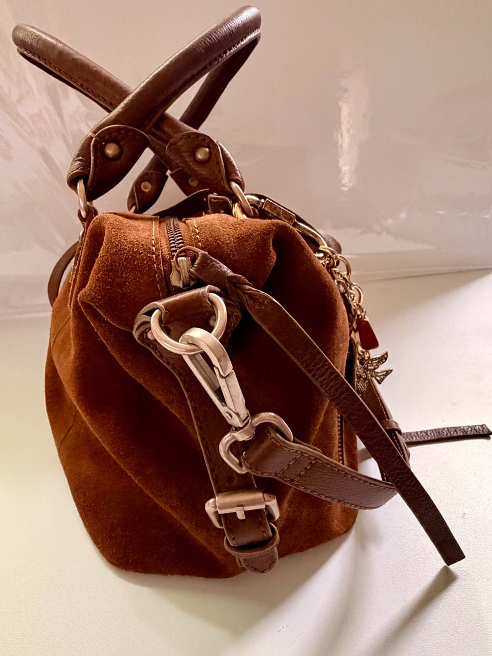 We The Free Tan Suede Baby Emerson Bag with with Double Layer Swag Charm Chain - Picture 5 of 13